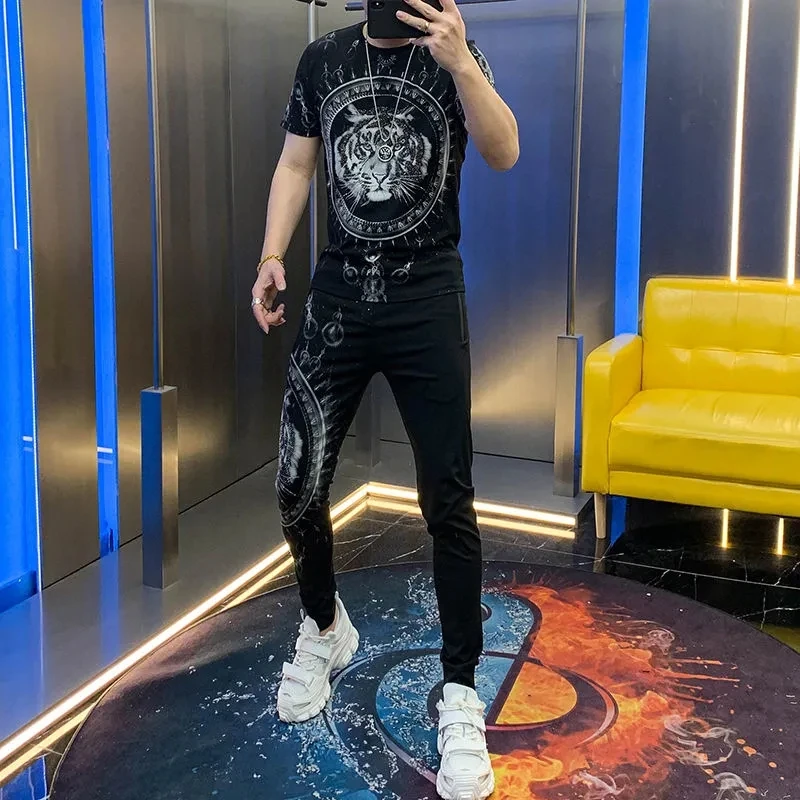 Men's Sets Fashion Clothes T-shirt Trousers Hot Drill Tiger Head Sports Ice Silk Casual Wear Two Piece Set Summer  Sport Wear