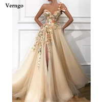 verngo exquisite 3d flowers a line long prom dresses one shoulder beads high split evening gowns beauty formal party dress