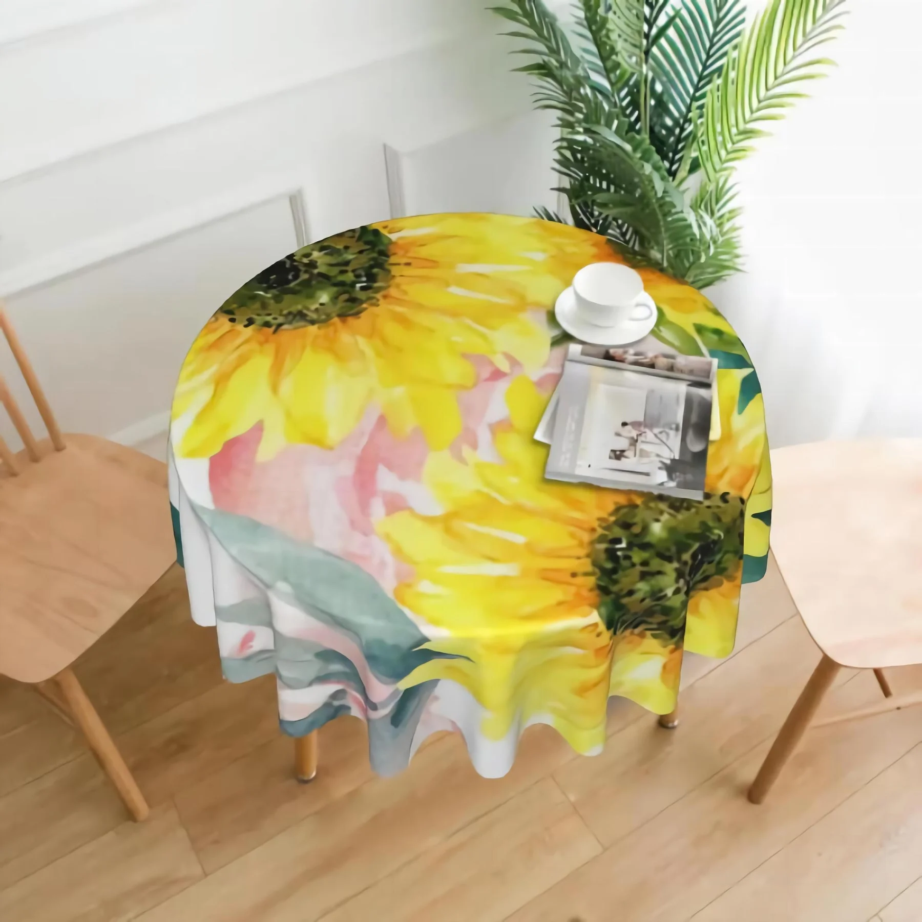 

Watercolor Wild Rose Flowers Sunflowers Round Tablecloth 60 Inch Wrinkle Spillproof Table Cloth for Party and Family Gatherings