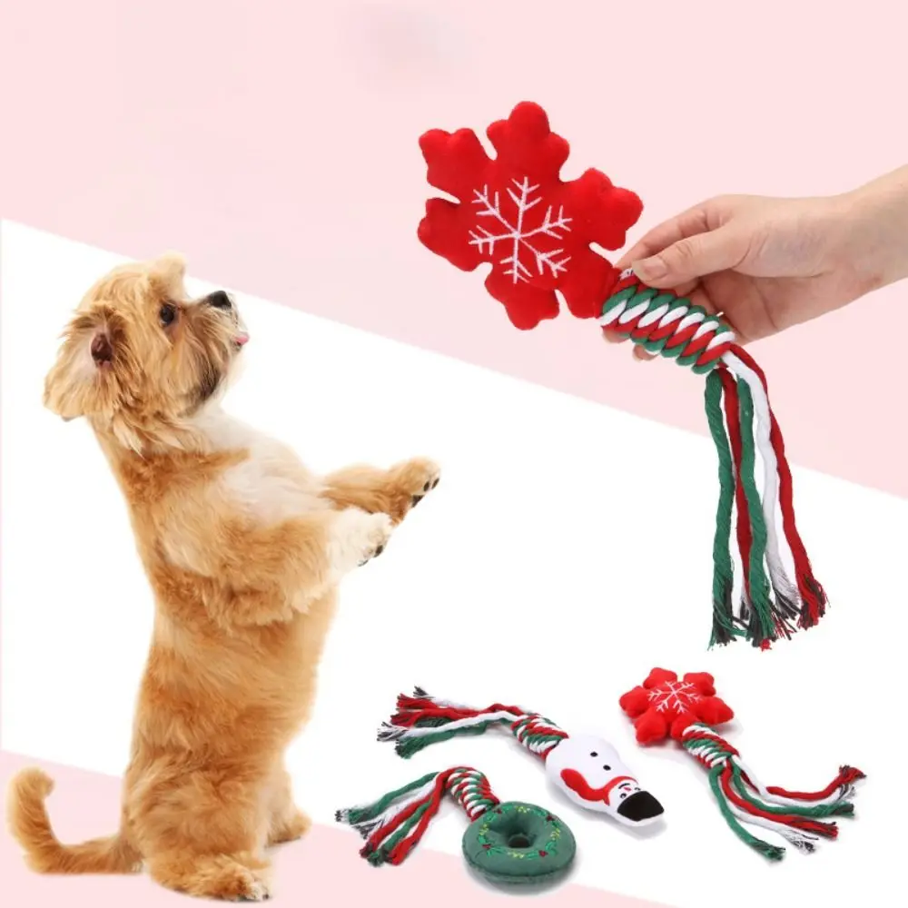 

Snowflake/Doughnut Shape Christmas Dog Toys Cotton Ropes Snowman/Christmas Tree Dog Squeakey Chew Toys Plush Bite Resistant