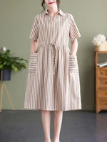 womens dress summer fashion elegant turn down collar striped dresses knee length vintage office lady a line midi dresses 2022