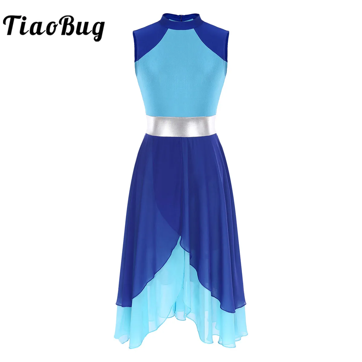 

Womens Adult Lyrical Dance Dress Sleeveless Color Block Sheer Mesh Ballet Leotard Dresses Performance Dancewear