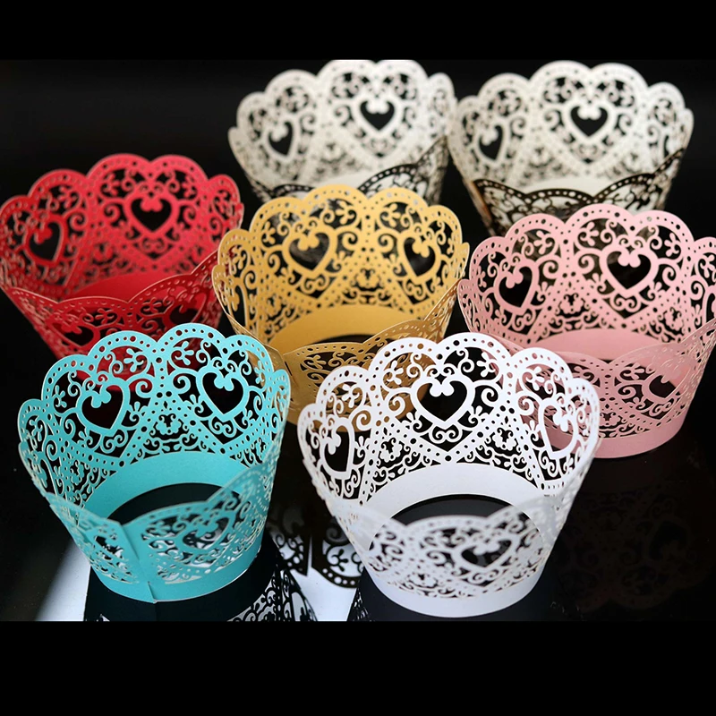 50/100pcs Laser Cut Love Heart Vine Lace Cupcake Wrapper Liner Baking Cup Paper Cake Cup Baking Birthday Wedding Party Supplies