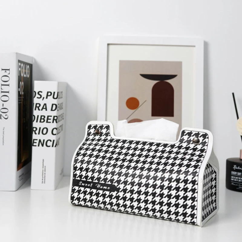 Creative Houndstooth PU Leather Tissue Box Cover Nordic Modern Kitchen Napkin Holder Car Tissue Holder Paper Towel Case