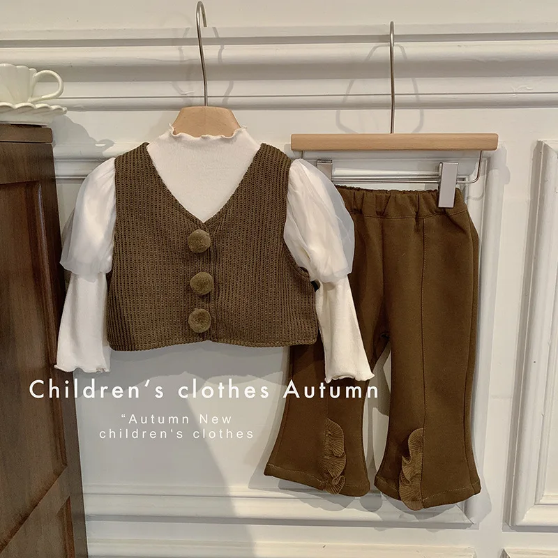 

Girls' Suit Autumn Children Bubble Sleeve Sequins Tassel Vest Bell-bottoms Three Piece Sets