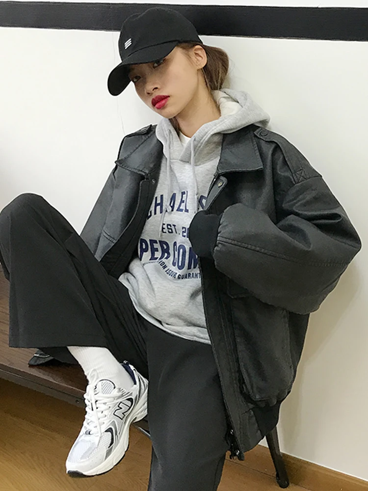 Winter Black Oversize Leather Jacket Women Korean Streetwear Vintage Pu Zipper Biker Jacket Female Autumn Warm Pocket Loose Coat