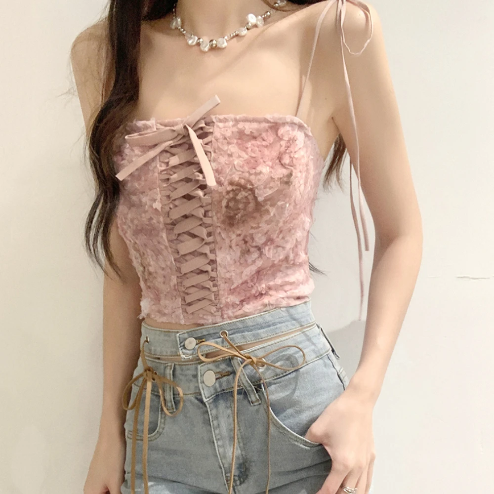 

Crop Top Women 2022 Summer New Fashion Pink Floral Mesh Lace Vest Cross Straps Women Sexy Streetwear