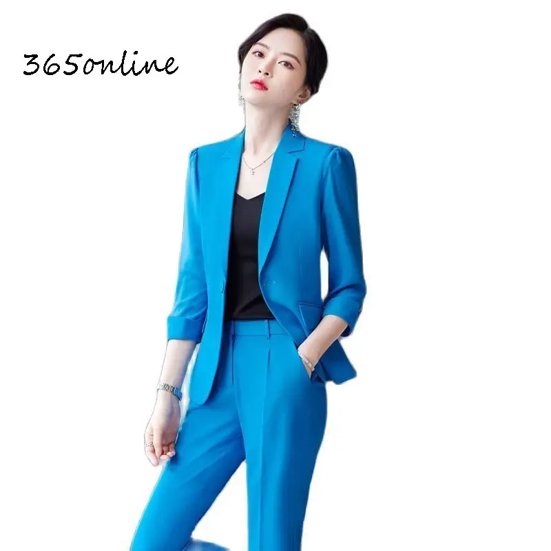Elegant Blue Women Business Suits Spring Summer Formal Pantsuits Half Sleeve Office Ladies Work Wear Blazers Trousers Set 5XL