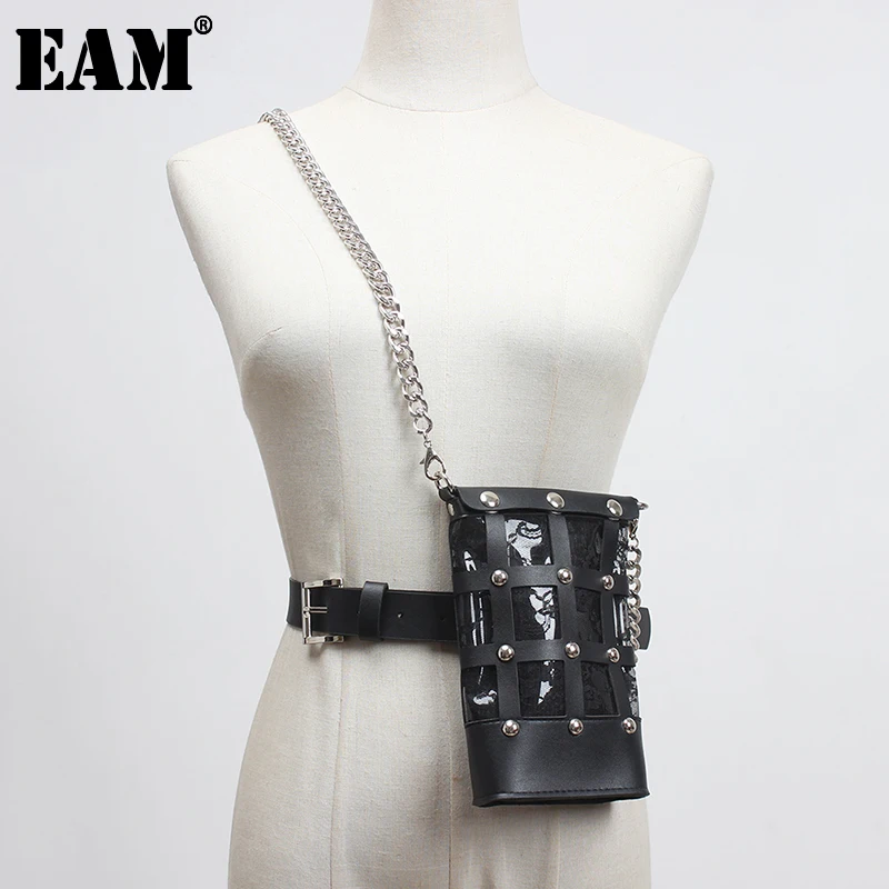 

[EAM] Pu Leather Black PVC Metal Chain Long Wide Belt Personality Women New Fashion Tide All-match Spring Autumn 2023 1Y827