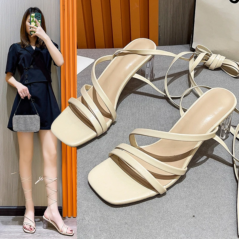 

2022 Summer Casual Open Toe Pump Shoes Women Ankle Lace-Up Heels Sandals High Heels Shoes Fashion Sapatos De Mujer High Heels