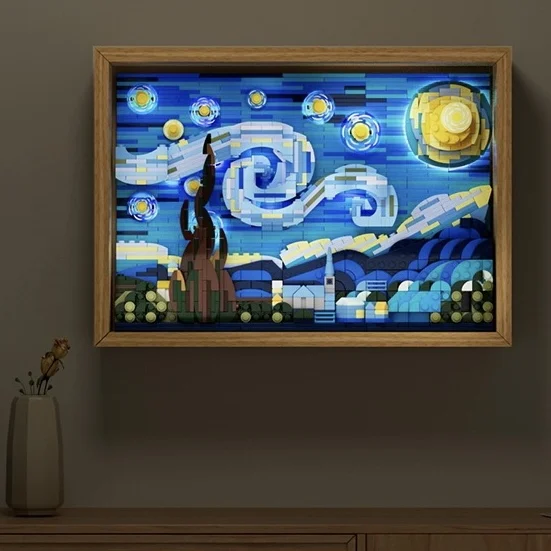 

The Starry Night with Motion Sensor Light 3D MOC Art Painting Van Gogh Sunflower Building Blocks Bricks Model Home Decor Toys