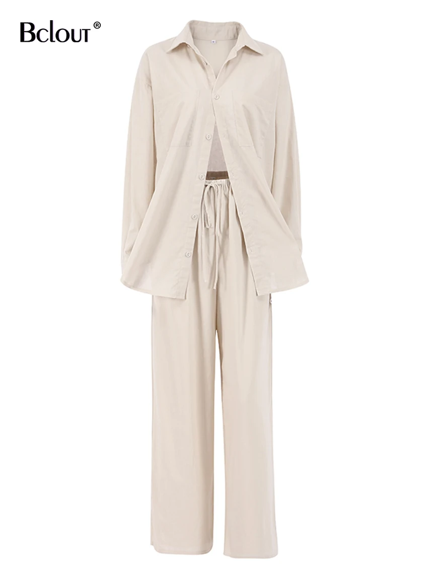 Костюм Bclout женский: льняная свободная блузка с длинным рукавом брюки широкими