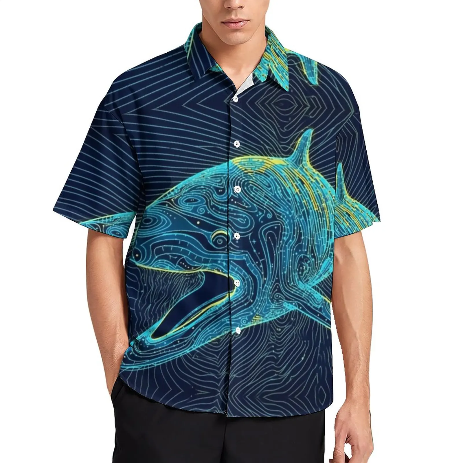 

Shark Loose Shirt Mens Beach Psychedelic Lines Portraits Casual Shirts Hawaiian Pattern Short-Sleeve Y2K Oversized Blouses