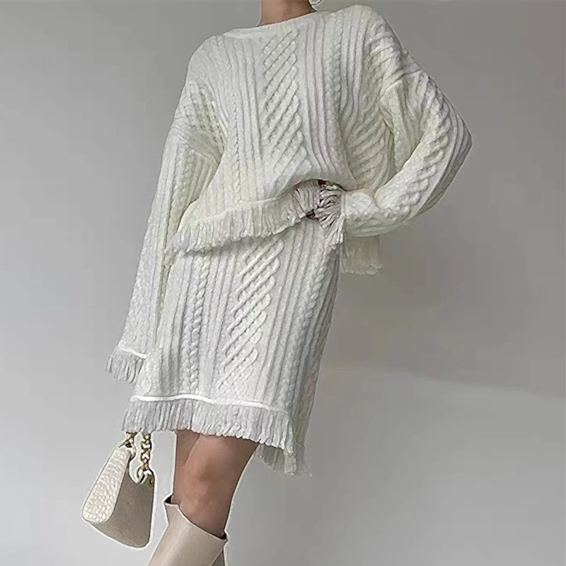 

Elegant Long Sleeve Fairty Plaid Pullover Two Piece Set Women Autumn Winter Solid Color Sweet Korean Fashion Mini Dress Set 2022