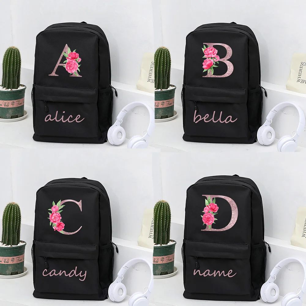 

Персонализированный женский рюкзак с розовыми буквами и цветочным принтом, сумки на плечо, повседневная дорожная женская школьная сумка для студентов, индивидуальное имя