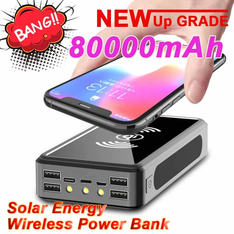 80000mAh Wireless Solar Power Bank Fast Charger Large Capacity 4 USB LED Mobile Phone Charger External Battery For IPhone Xiaomi