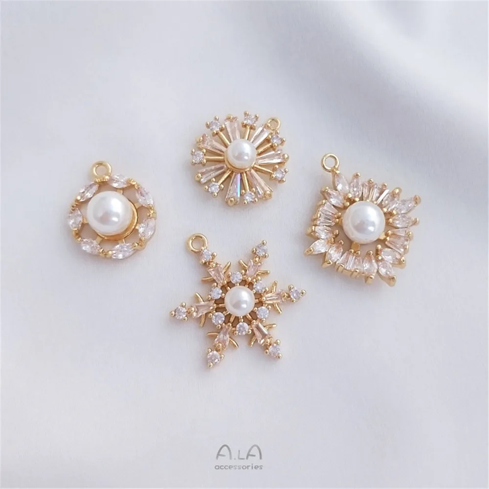 

14K Gold Filled Plated Micro-inlaid zircon snowflake three-leaf flower half hole pearl pendant handmade pearl accessories