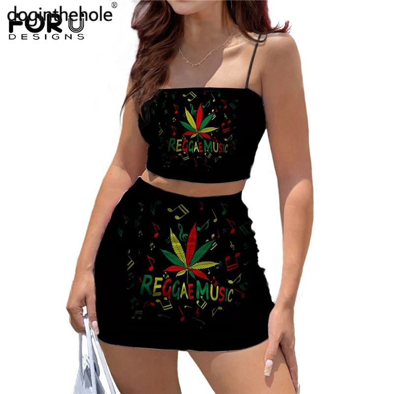 

Doginthehole 3D Weed Leaves Printed Short Dress Outfits for Girls Summer Cool Halter Crop Top and Mini Skirt Sexy Clubwear 2022