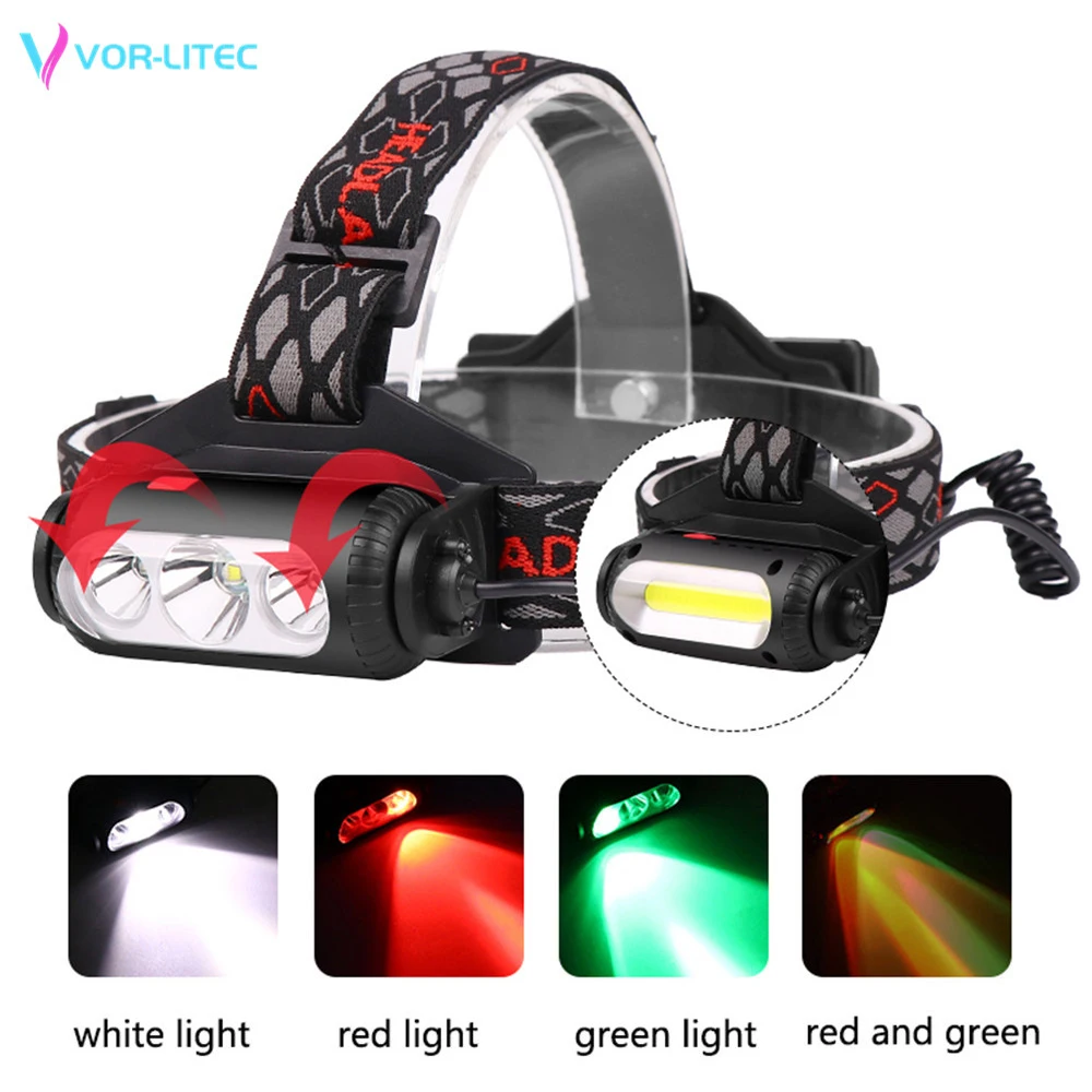 

Bright COB T6 LED Headlamp XPE Green Red Light 18650 Headlight 8-Mode USB Charger Head Torch Camping Hunting Frontal Lantern