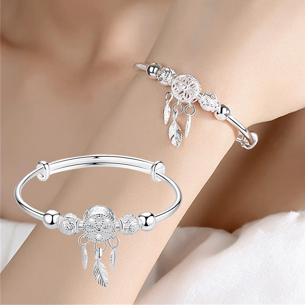 Fashion Silver Color Dreamcatcher Bracelet Women Elegant Adjustable Tassel Feather Charm Bangle Bracelet Birthday Jewelry Gift