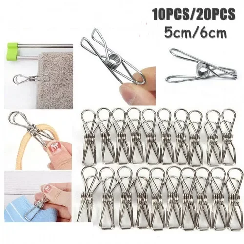 

10/20PCS Practical Stainless Steel Clothes Pegs Hanging Clip Pins Laundry Windproof Clamp Hanging Clip for Home School Dormitory