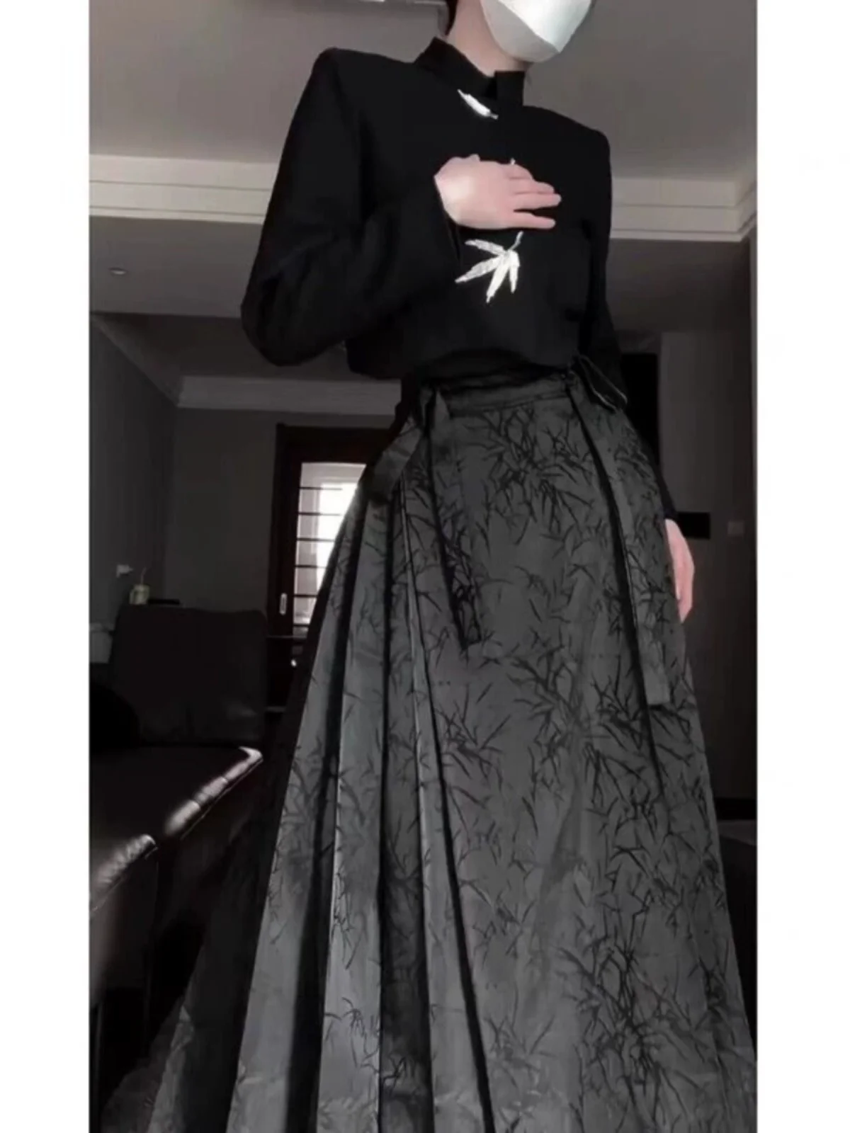 Женская юбка с принтом черной лошади длинная Плиссированная на шнуровке Hanfu 2024