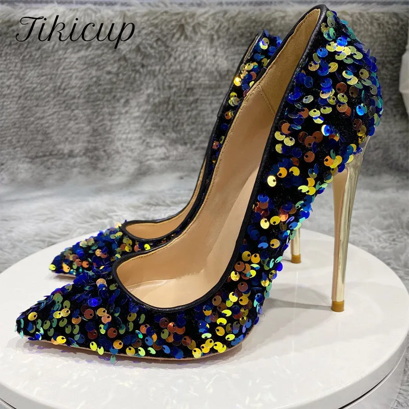 

Tikicup Blue Bling Sequins Women Sexy Extremely High Heels Pointed Toe Slip On Stiletto Chic Pumps Ladies Party Wedding Shoes
