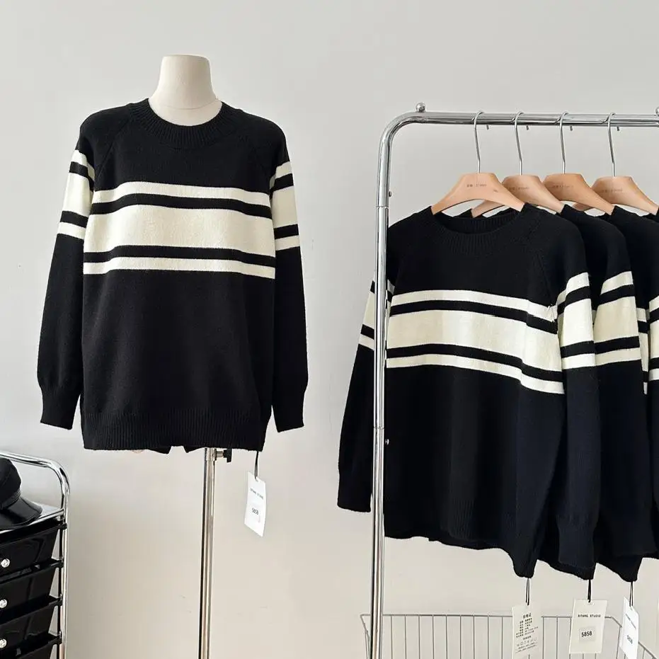 

Lauri Laki New Knit Sweater Women Casual Loose Oversize Stripe Pullover Sweater Autumn Winter 2023 Tops