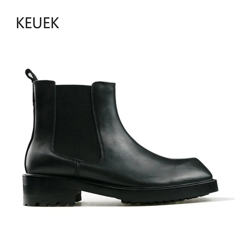 

Design Luxury Men Leather Boots Women Shoes Square Toe Slip On Chelsea Boots First Layer Cowhide Motorcycle Boots Botas 2C