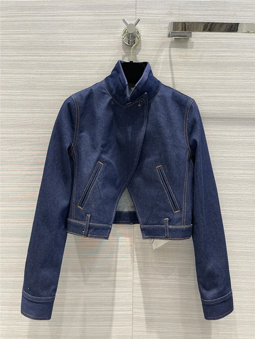 

Top Quality Women Stand Collar Wash Water Embroidery Letters Denim Jacket Coat