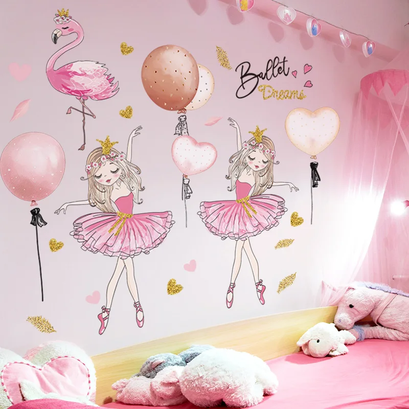 [shijuekongjian] Ballet Girl Dancers Wall Stickers DIY Cartoon Balloons Wall Decals for Kids Rooms Baby Bedroom Home Decoration