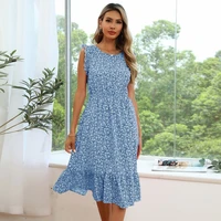 country style o neck ruffles dress women summer flying sleeve mid waist pullover dresses blue elegant casual commute clothing