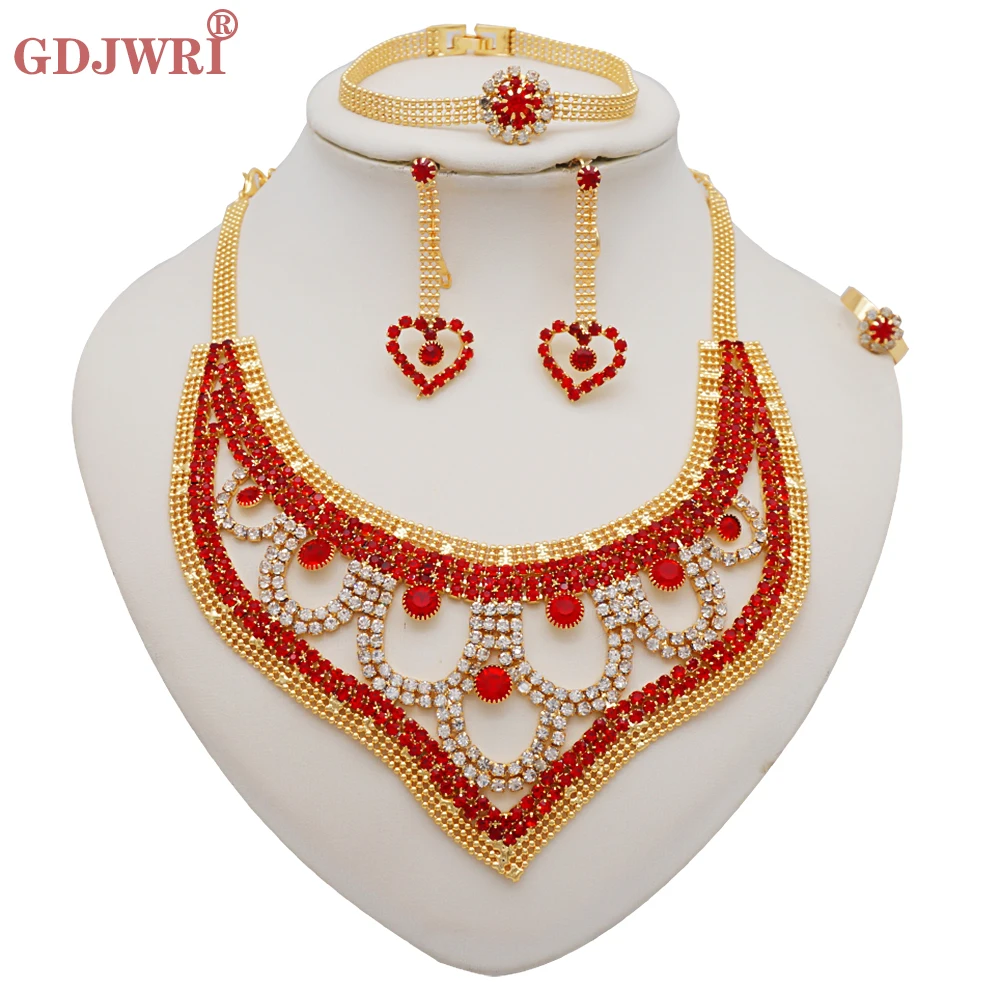 

Модный комплект ювелирных изделий с красными кристаллами в форме капли, ожерелье, серьги, комплект ювелирных изделий для невесты, свадебная...