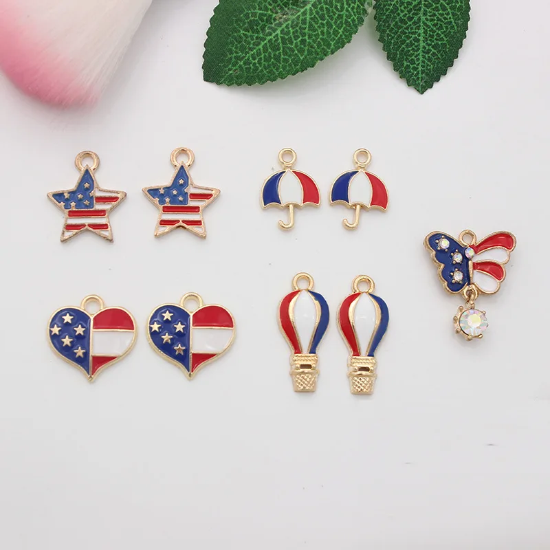 

10Pcs/Lot Cute Enamel Heart USA Charms American flag graphic Pendant Fit DIY Jewelry Making Handcrafted Accessories