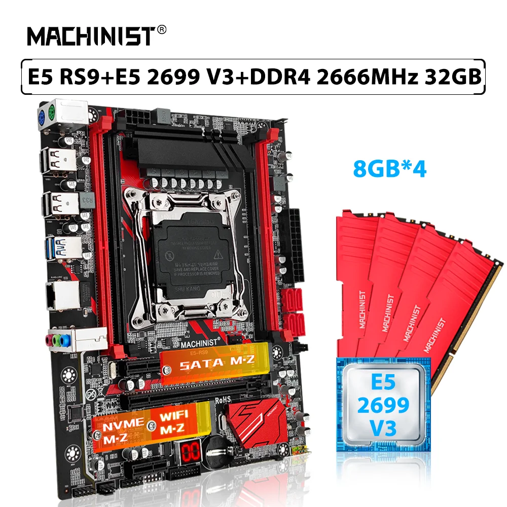 

MACHINIST E5 RS9 комплект материнской платы X99 LGA 2011-3 Xeon E5 2699 V3 ЦПУ процессор 4 шт. * 8 ГБ = 32 Гб 2666 МГц DDR4 ОЗУ память NVME M.2