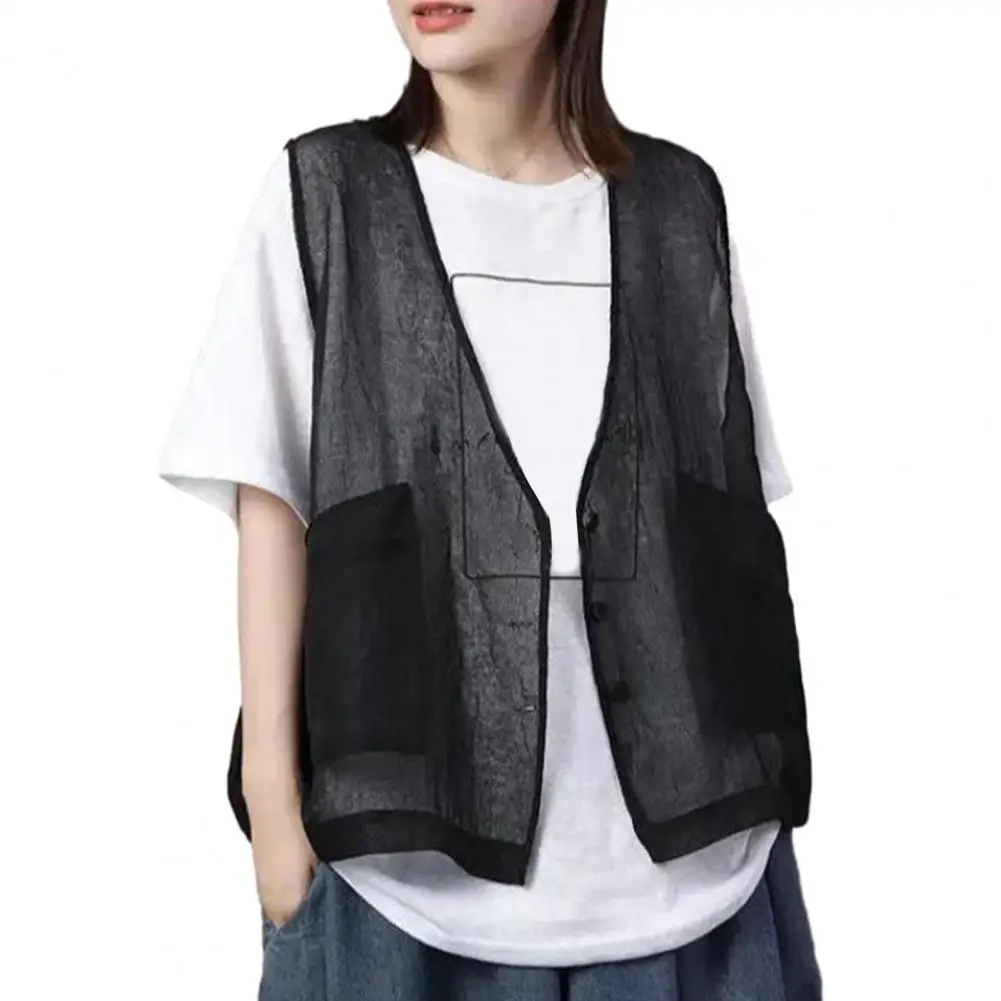 Халко без рукавов для женщин кардиган fino прозрачный cuello en V suelto bolsillos de parche большие