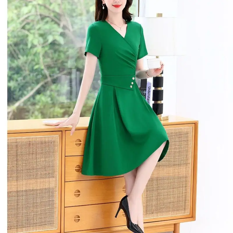 Женское лоскутное платье с V-образным вырезом однотонное элегантное офисное