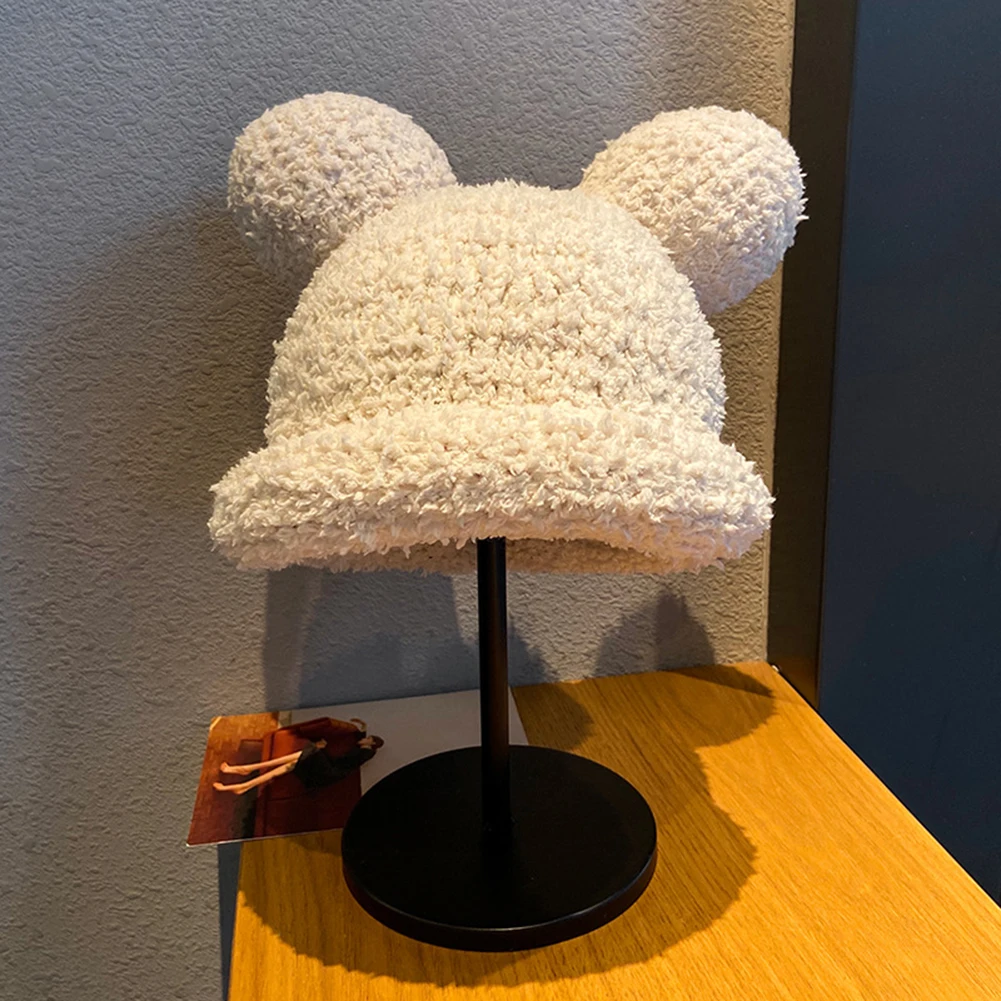 

Новая трендовая Милая шапка с ушками медведя из мультфильма Женская шерстяная шапка утолщенная плюшевая подкладка ветрозащитная теплая шапка Зимний подарок на день рождения