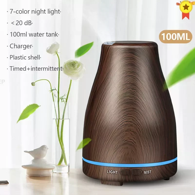 

NEW2023 Air Humidifier Mini Wood Grain Aroma Diffuser Essential Oil Aromatherapy Cool Mist Maker 7 Color LED Light Use For Home