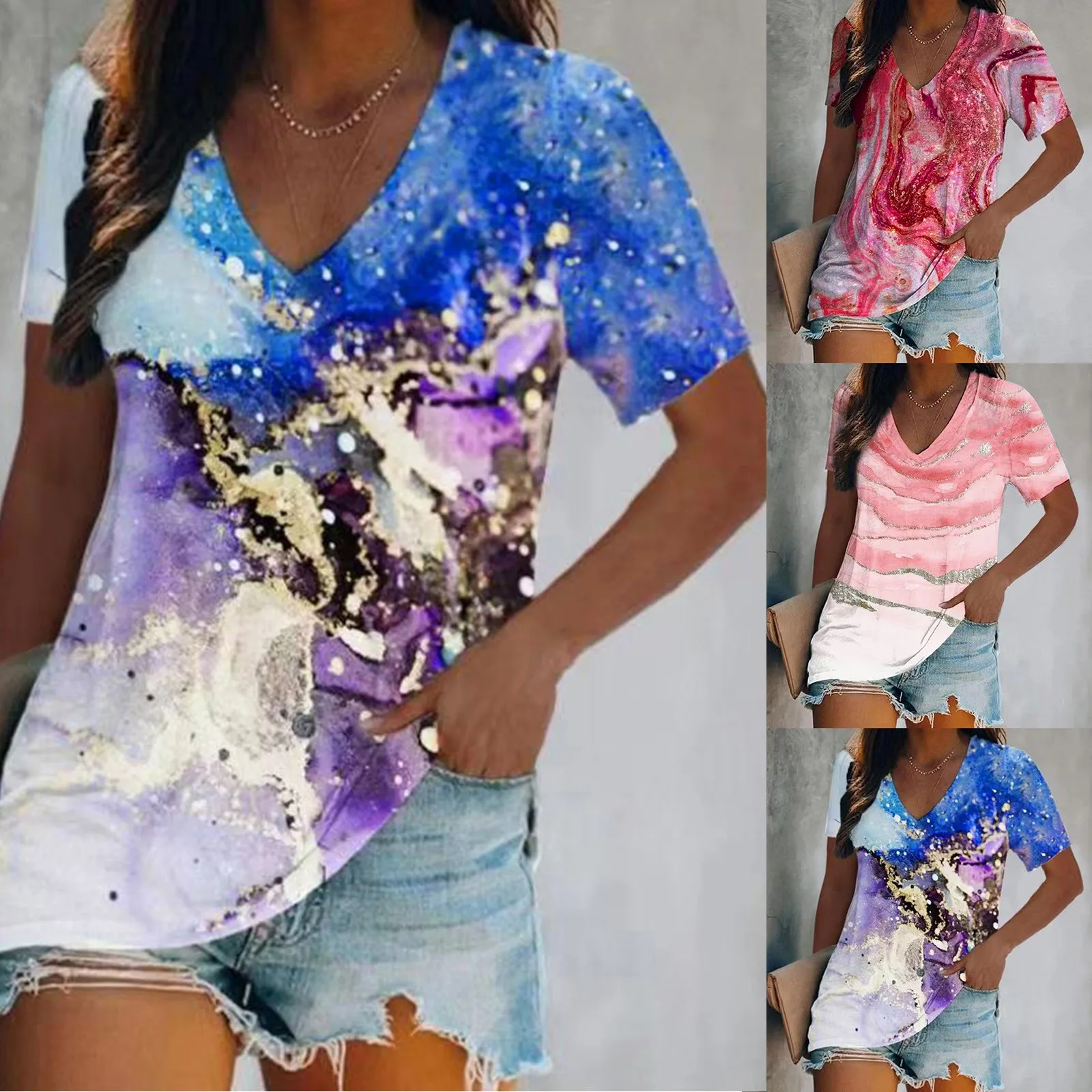 

Женская футболка с коротким рукавом, V-образным вырезом и принтом