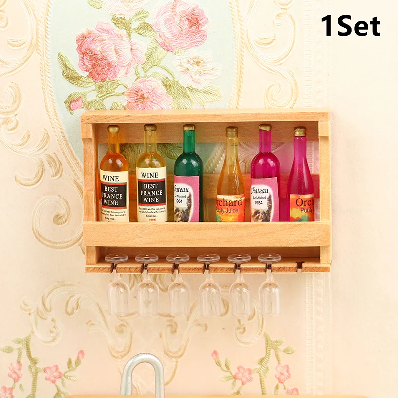 

1Set 1:12 Dollhouse Miniature Wine Bottle Drink Cup with Wine Rack Wine Cup Kids Pretend Toy Doll House Accessories