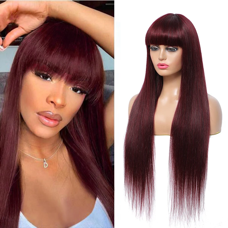 

99J Redwine Brazilian Straight Human Hair Wig With Bangs 8-28inches Full Machine Wigs For Black Women Non-Remy Hair IJOY