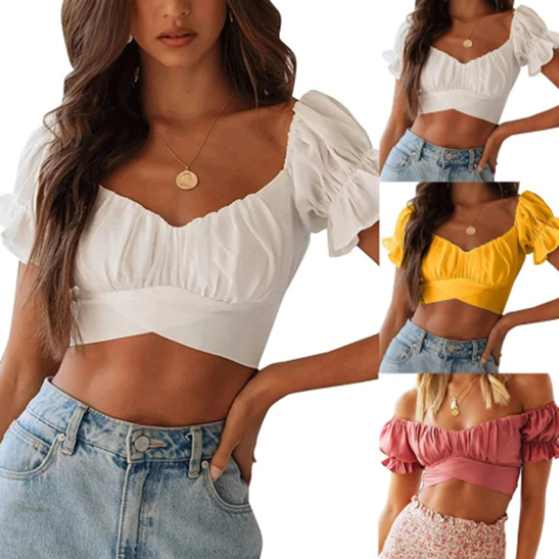 

Fashion Summer Sexy Tops For Women Cropped Navel Summer Top Lotus Leaf Sleeves Tshirt Female Tube Top 2022 Bralette Top Tanks