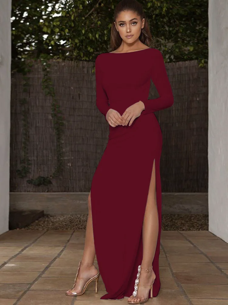 

Облегающий Пуловер с открытой спиной в пол, облегающее платье для свадьбы и вечеринки, Длинные вечерние платья с круглым вырезом и разрезом ...