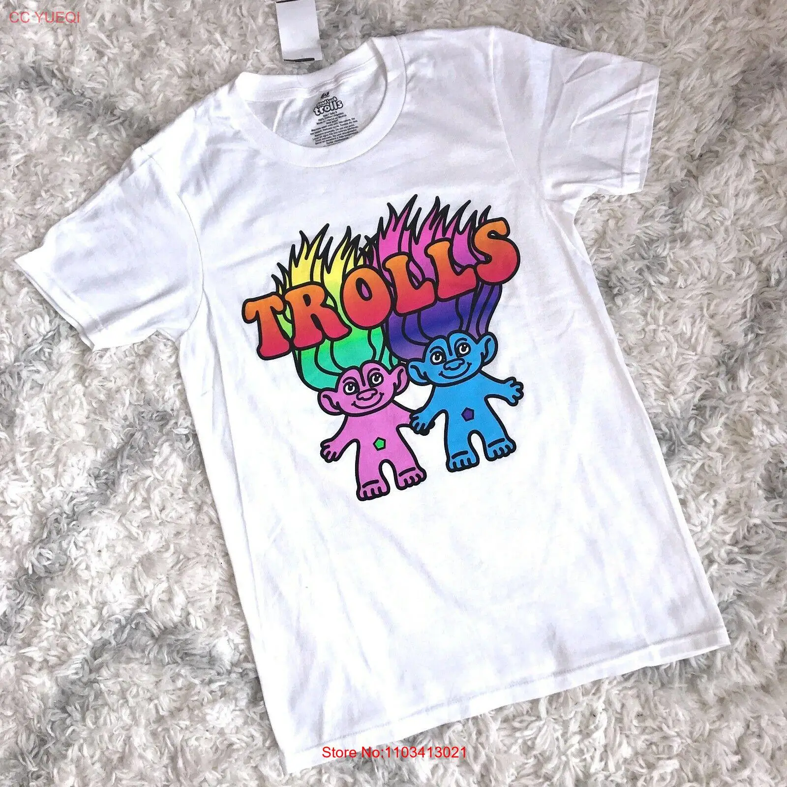 Футболка-Тролль белая неоновая в стиле ретро 90-х с большим забавным логотипом для