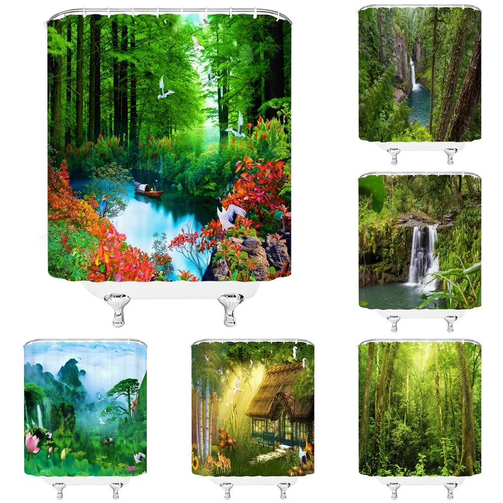 

Green Forest Lake Natural Scenery Shower Curtain Waterfall Tropical Jungle Tree Lotus Crane Fabric Bathroom Curtains with Hooks