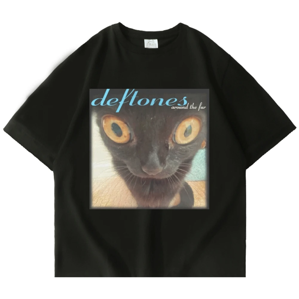 Купи Deftones Around The Fur Cat T-Shirt Men Women Street Hip-hop Harajuku Oversized Short Sleeves Fashionable Black Cotton T Shirt за 398 рублей в магазине AliExpress