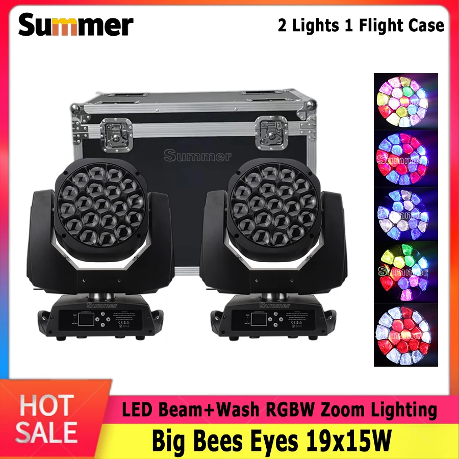 

No Tax 2pcs 19x15W Bee Eye RGBW LED Wash +Zoom Beam Moving Head Lighting With Flightcase for DJ Disco KTV Bar Nightclub Stage