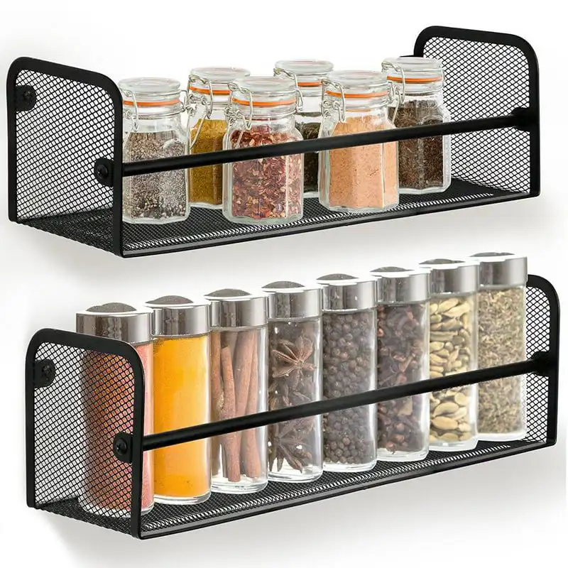 

Wall Mount Single Tier Mesh Spice Rack Organizer, Black, Set of 2
