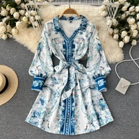womens blue floral long sleeve shirt dress spring summer knee length v neck single breasted dress lady holiday short vestido